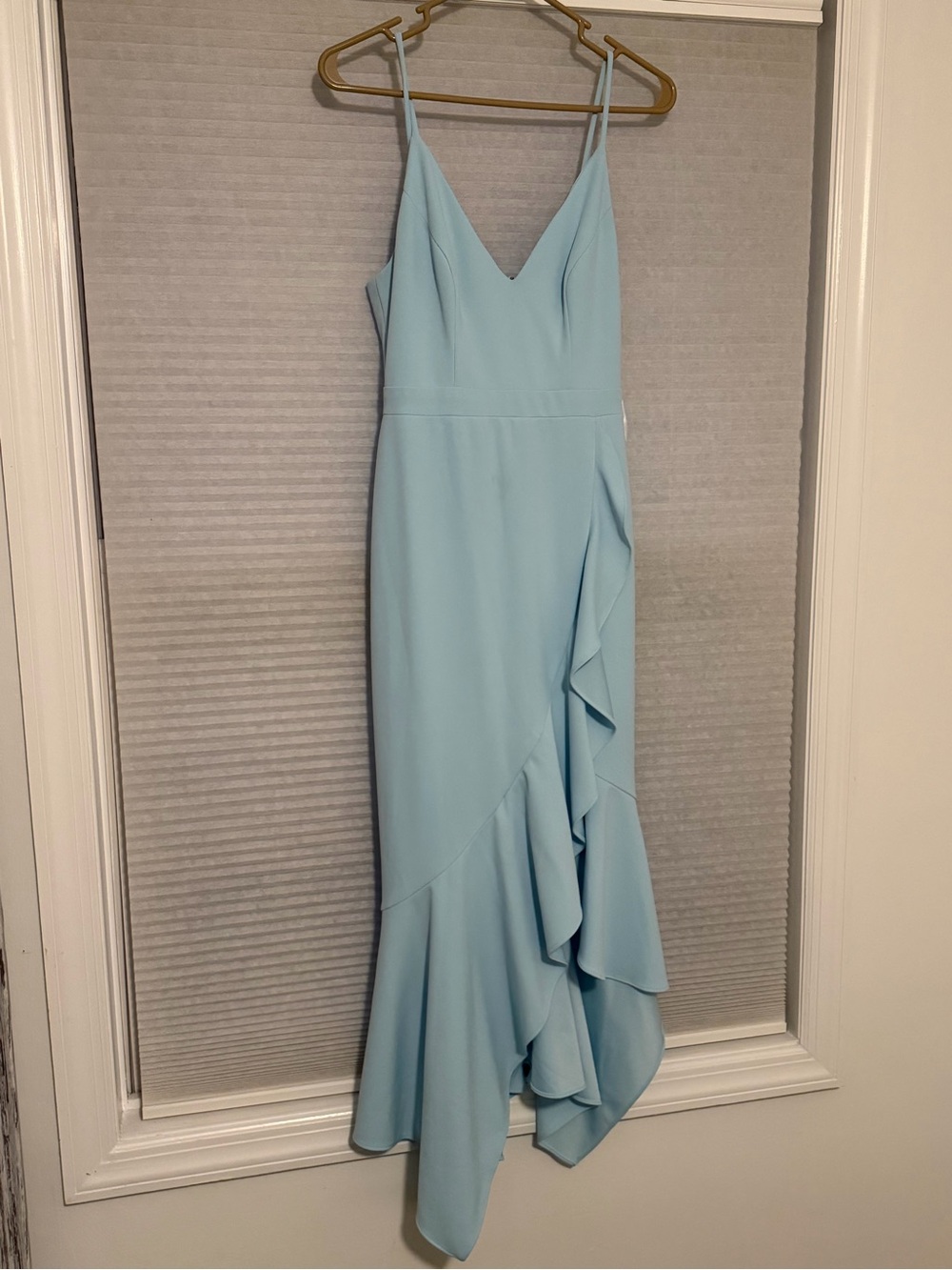Xscape Pastel Blue V-Neck High-Low Ruffle Gown